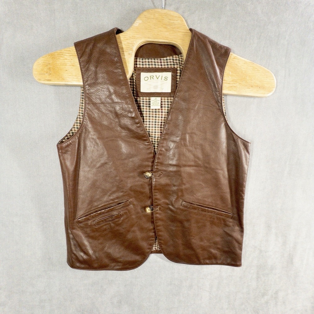 Vtg Orvis Brown Leather Vest Mens Medium Plaid Lined Button Front Outdoor